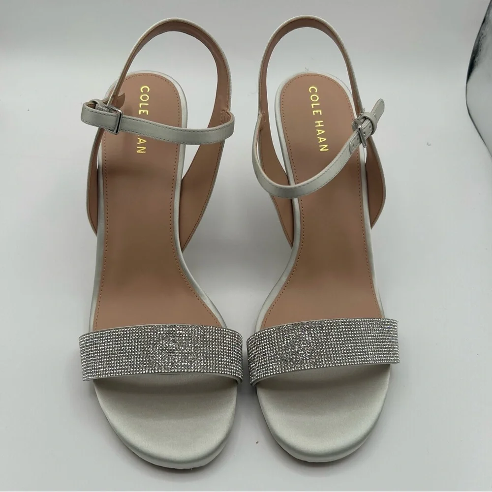 New Cole Haan women’s Josie wedge sandals crystal/gray satin 11 B